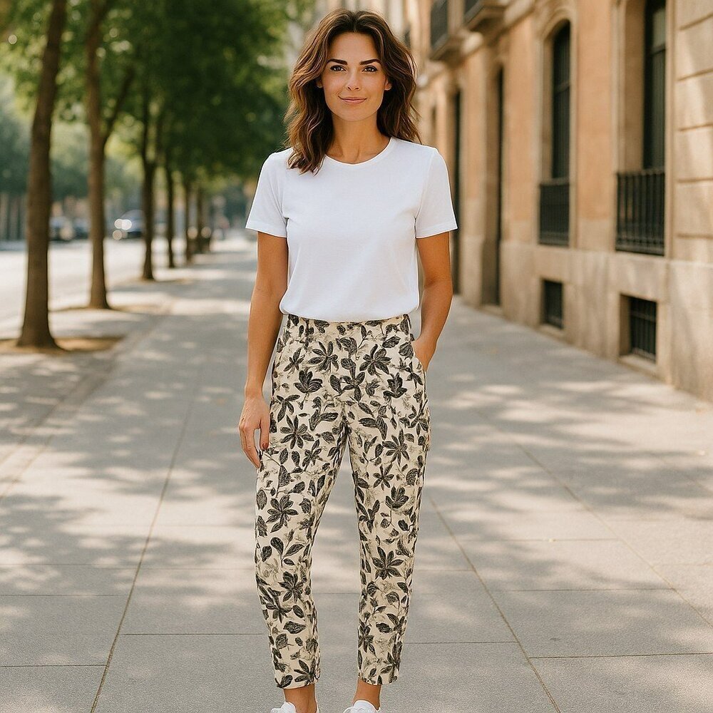 Tory Burch Size 25 White Beige Leaves Stretch Pockets Flat Front Chino Pants